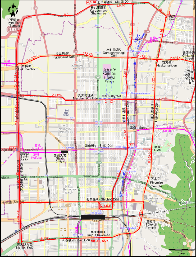 Kyoto downtown tram map 1976