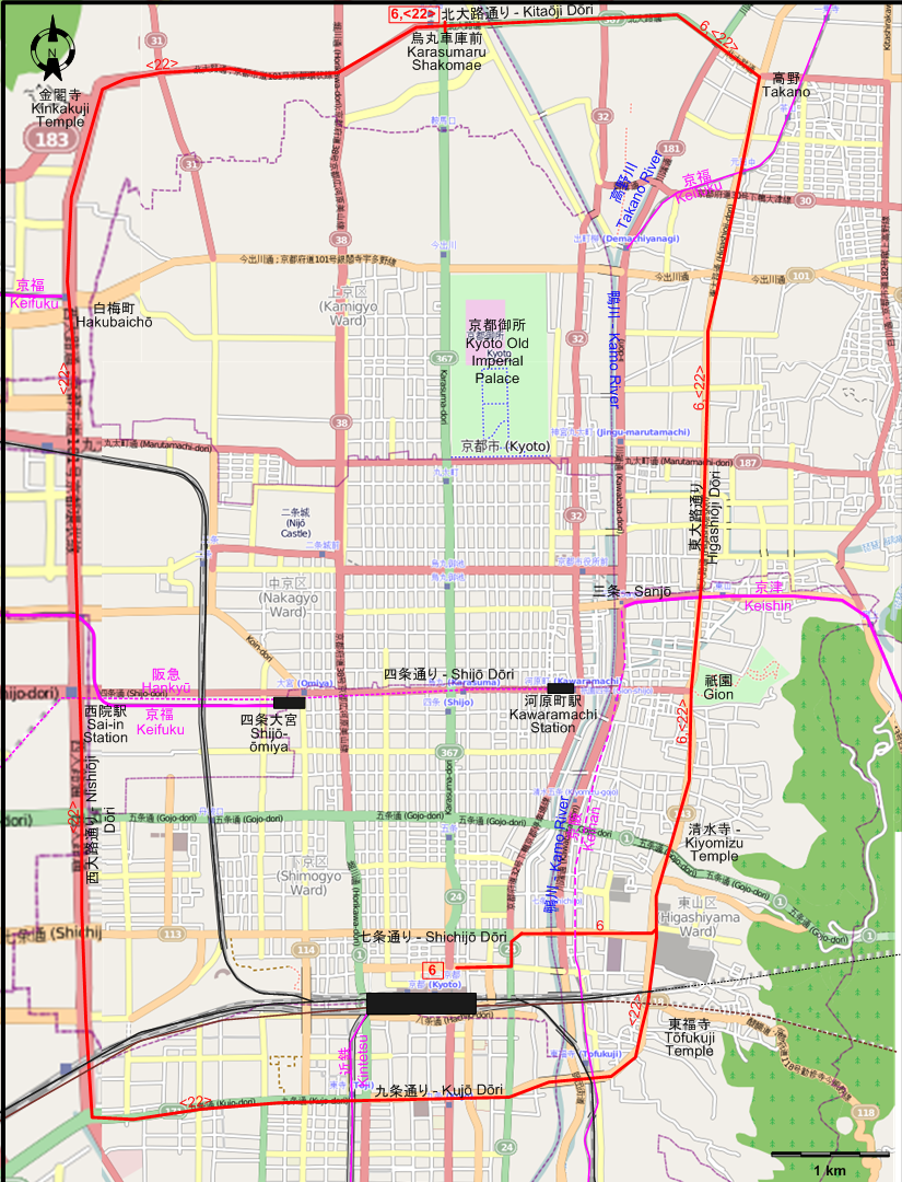 Kyoto downtown tram map 1978