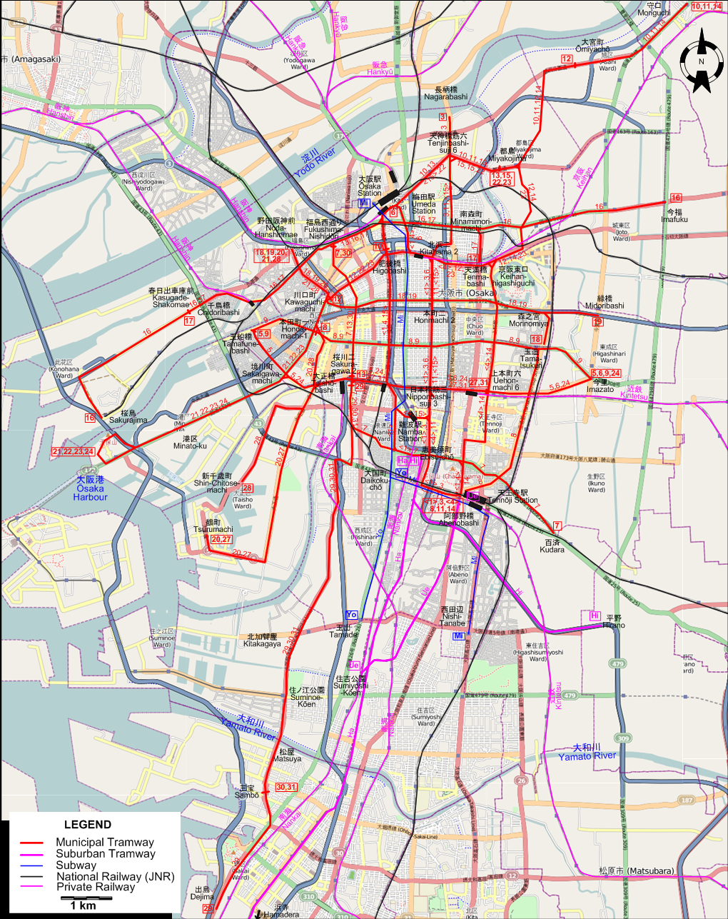 Osaka tram map – 1959