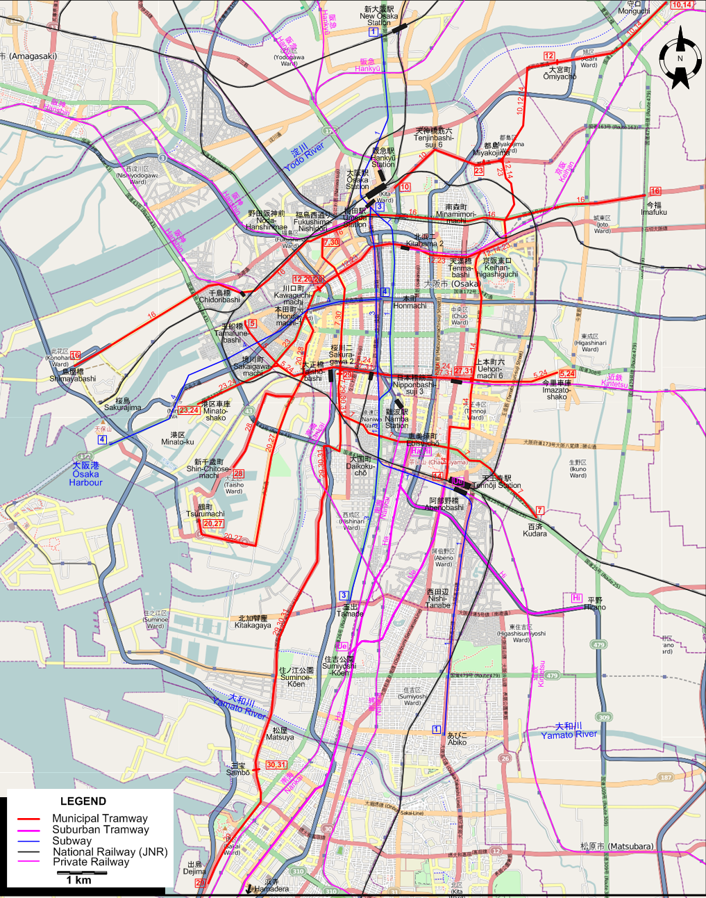 Osaka tram map – 1967