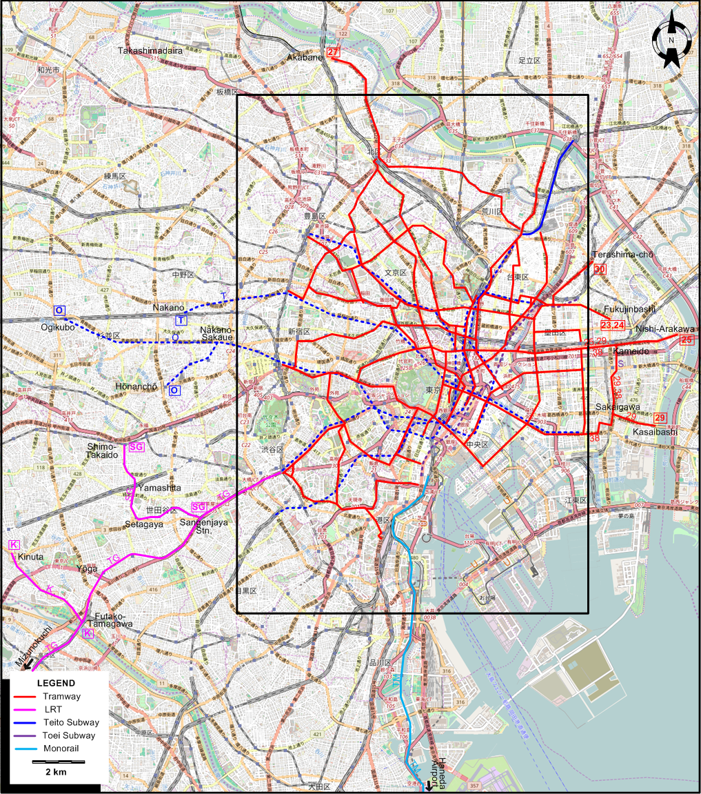 Tokyo tram subway rail map 1968