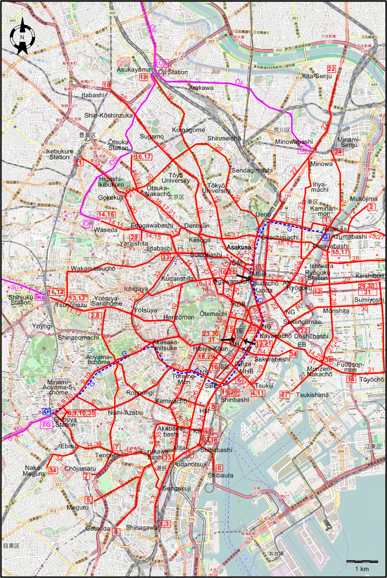 Tokyo centre tram subway rail map 1940