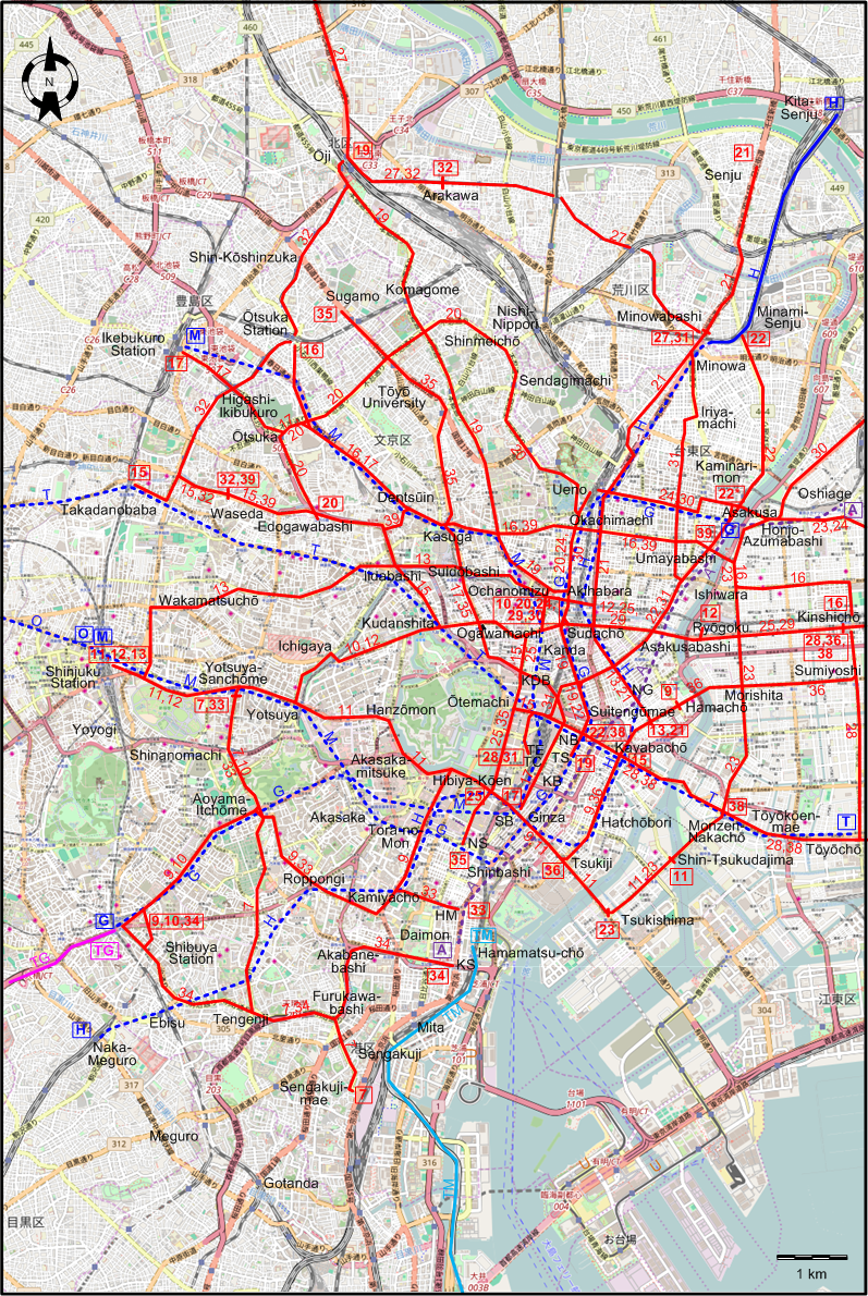 Tokyo centre tram subway rail map 1968