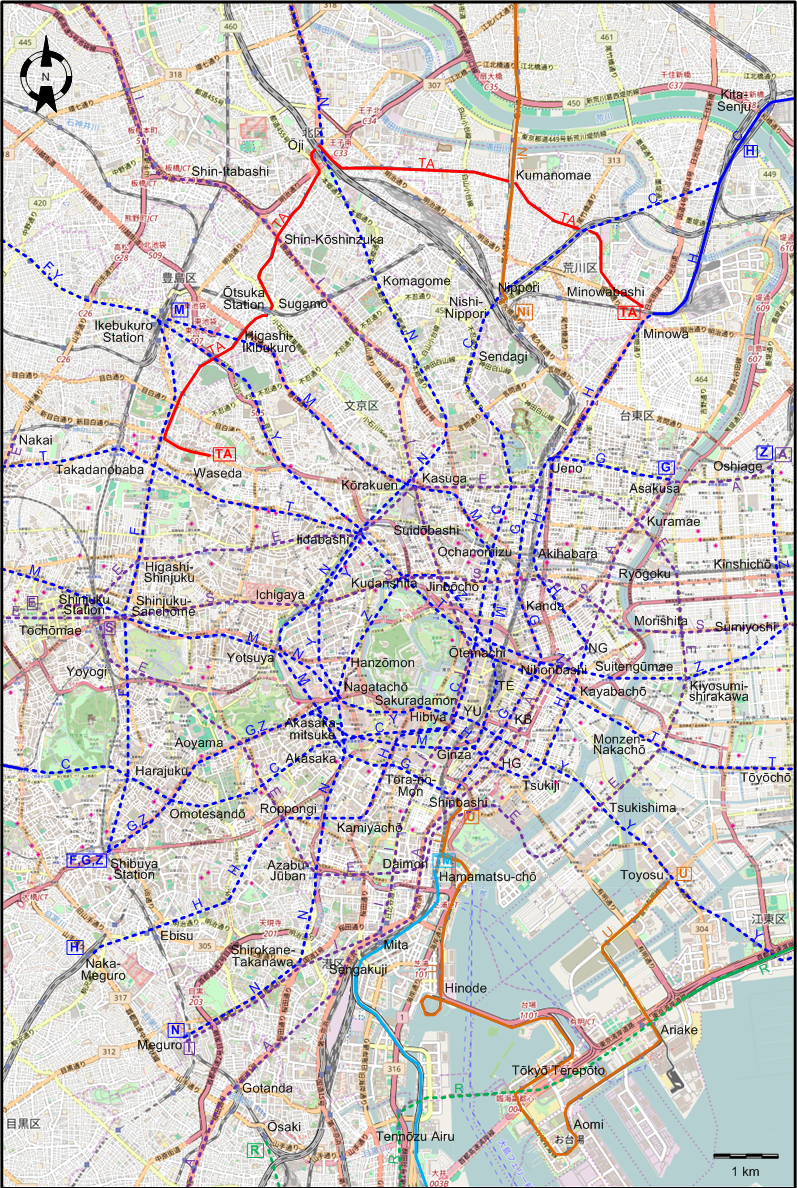 Tokyo centre tram subway rail map 2010