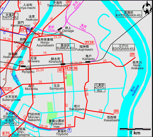 Tokyo Eastern tram map – 1968