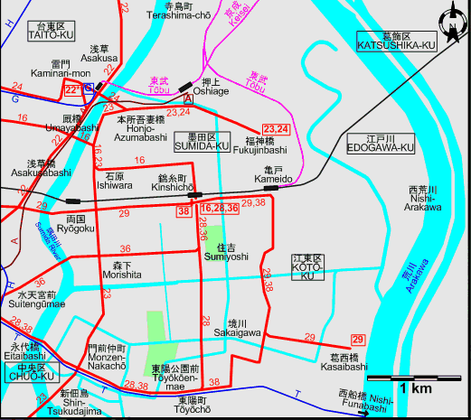 Tokyo Eastern tram map – 1970