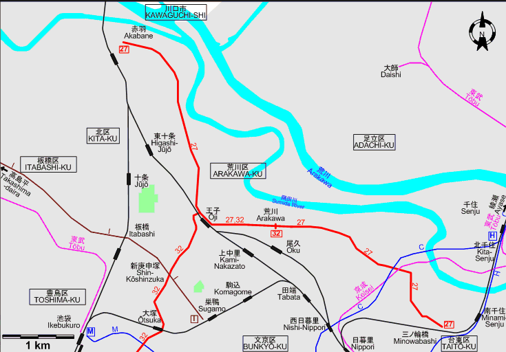 Tokyo Northern tram map – 1972