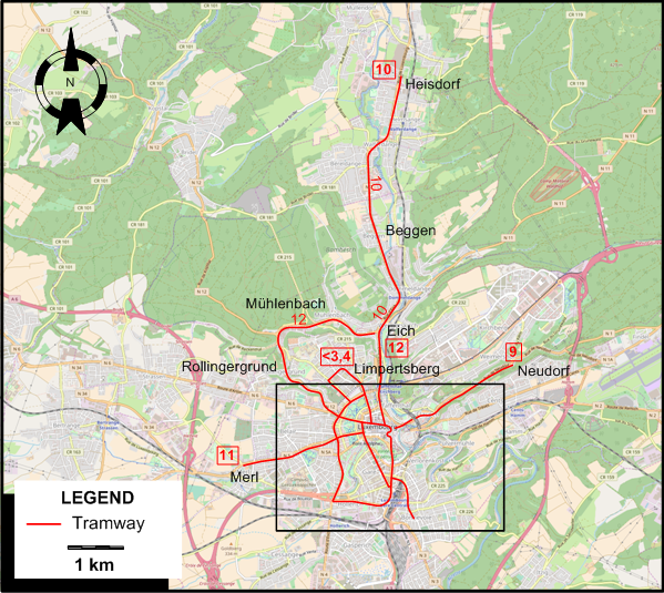 Luxembourg 1952 tram map