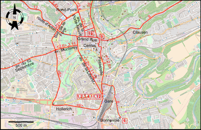 Luxembourg 1952 centre tram map