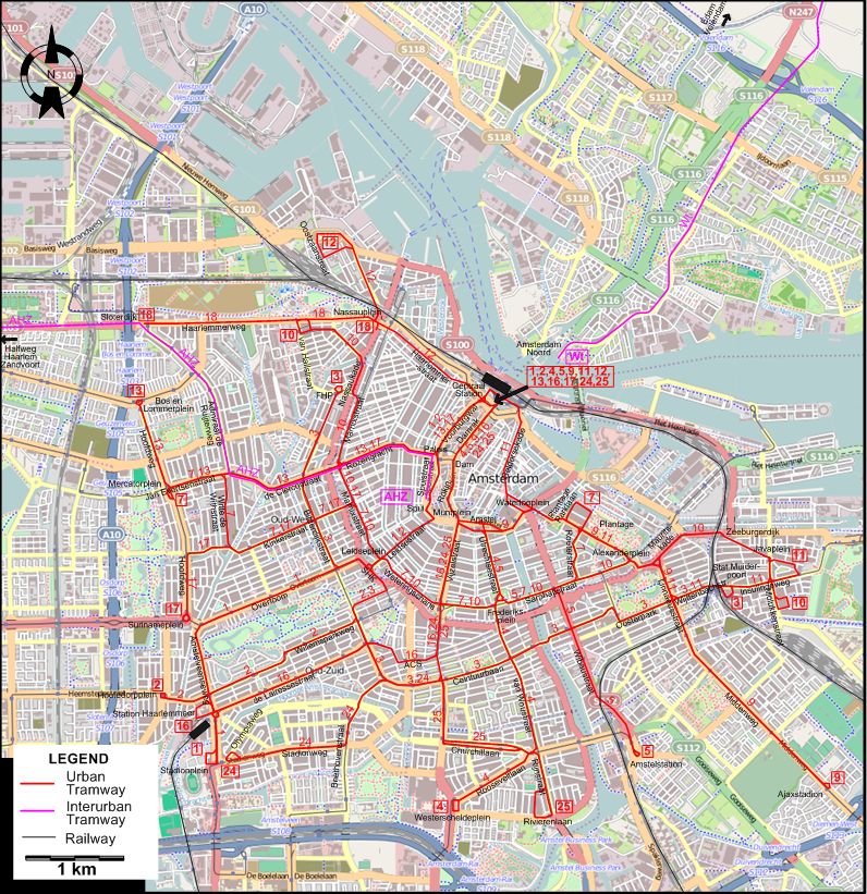 Amsterdam 1950 downtown tram map