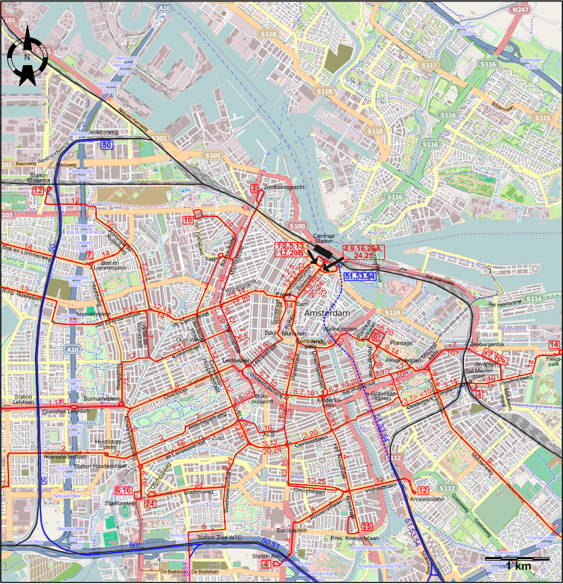 Amsterdam 1998 downtown tram map