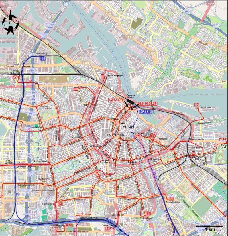 Amsterdam 2004 downtown tram map