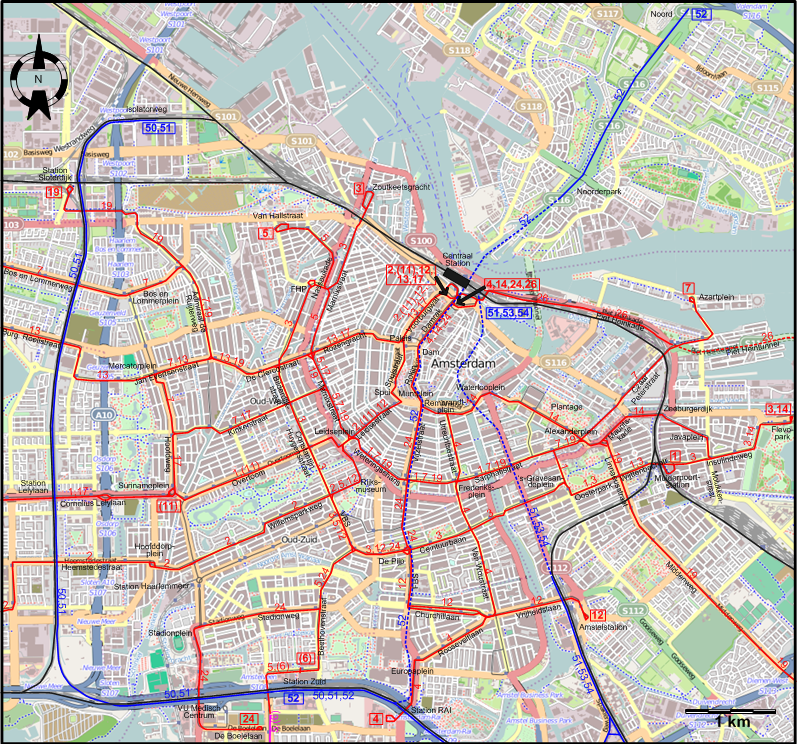 Amsterdam 2019 downtown tram map