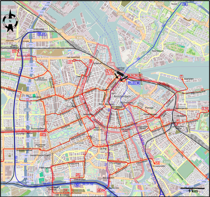 Amsterdam 2021 downtown tram map