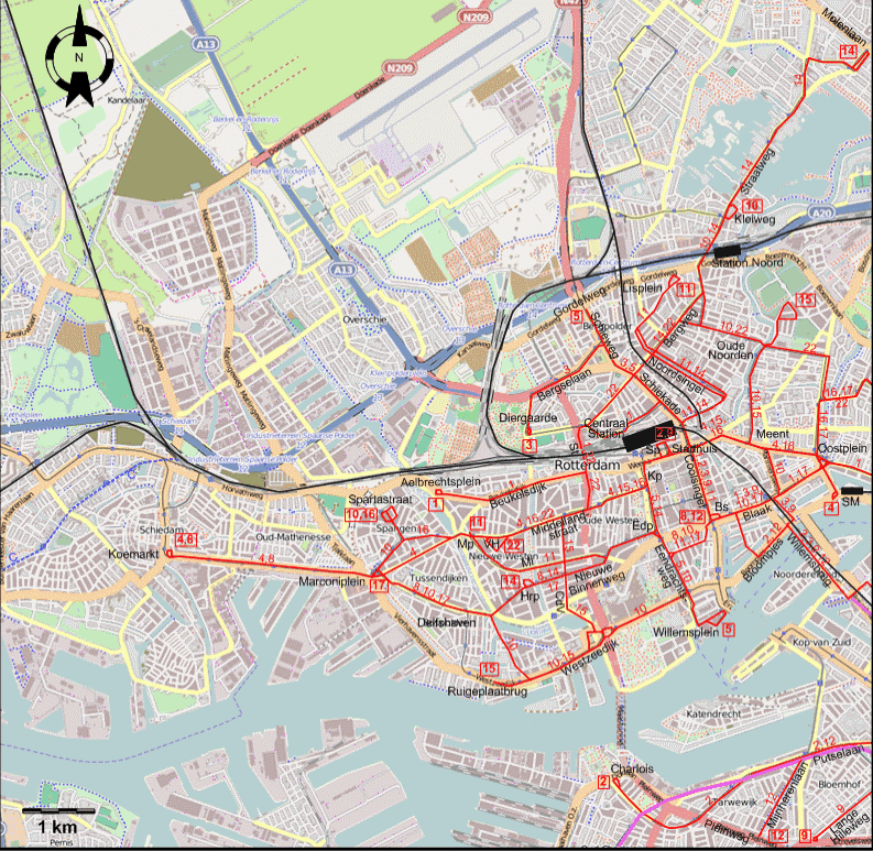 Rotterdam 1950 downtown tram map