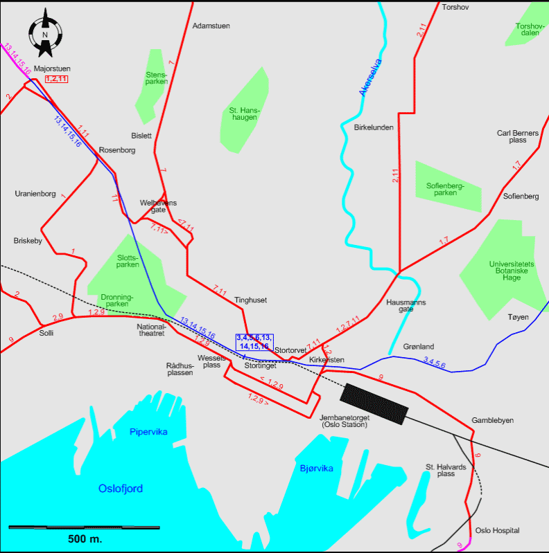Oslo downtown tram map 1987