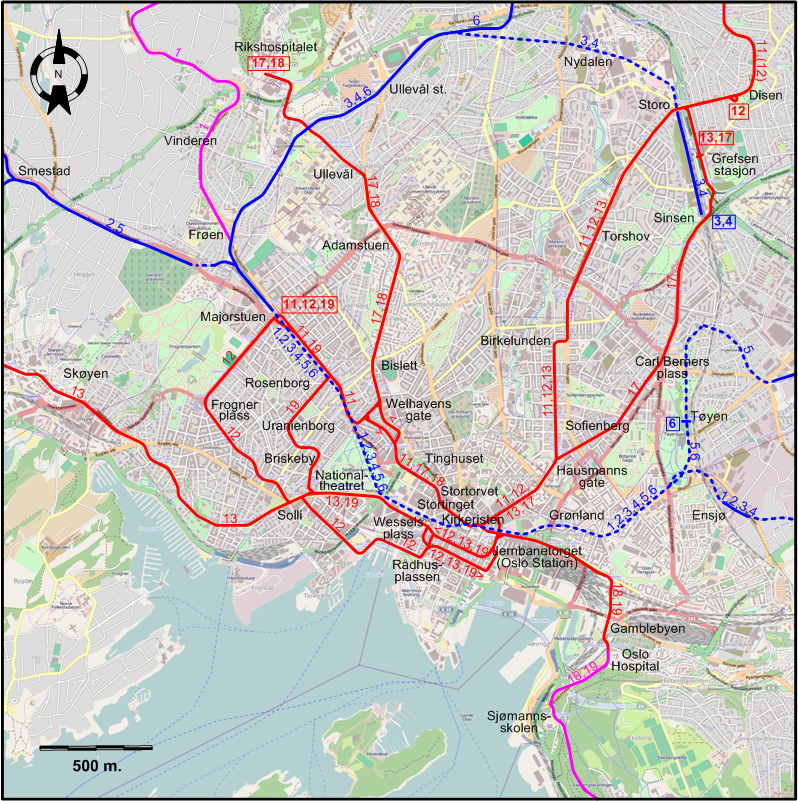 Oslo downtown tram map 2014