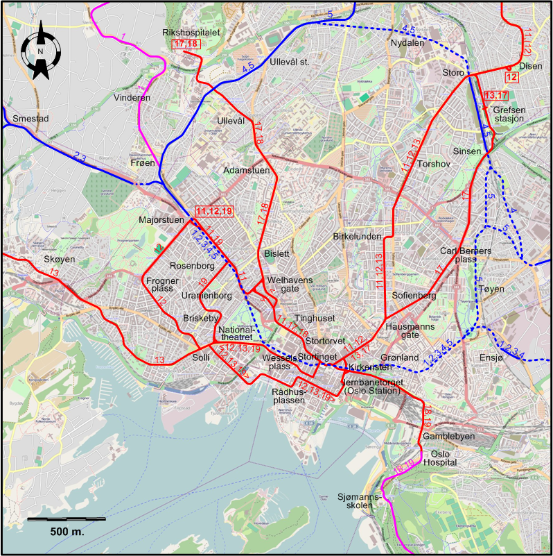 Oslo downtown tram map 2016