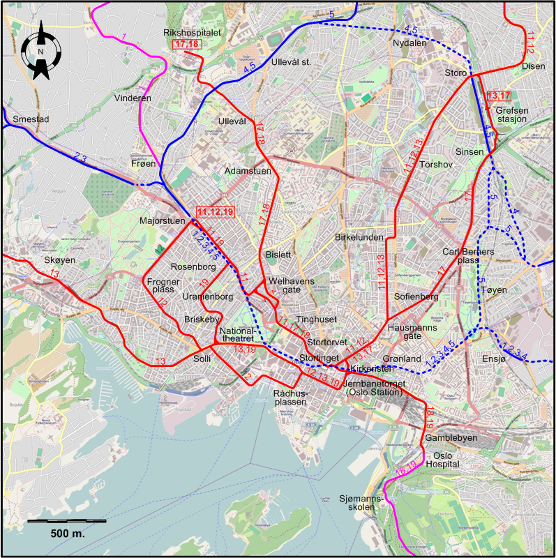 Oslo downtown tram map 2017