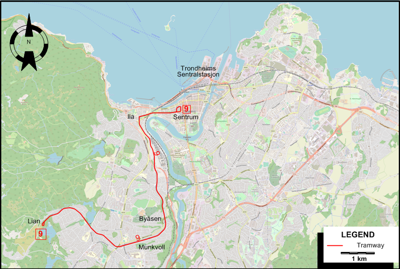Trondheim tram map 2019