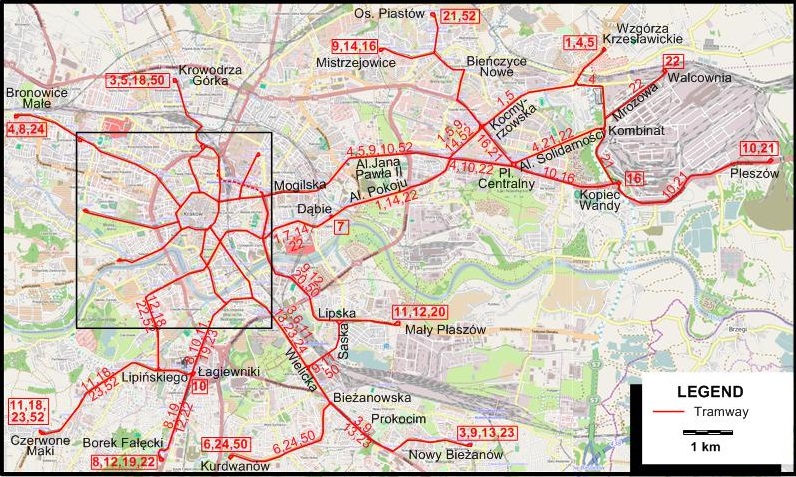 Cracow tram map 2015