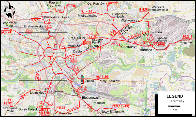Cracow tram map 2023