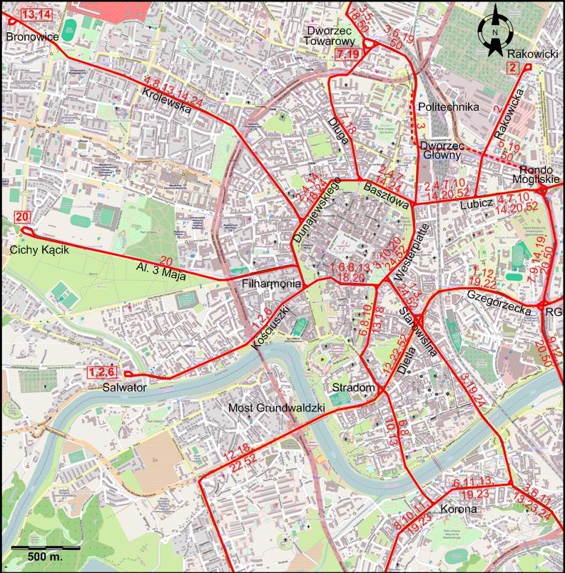 Cracow downtown tram map 2015