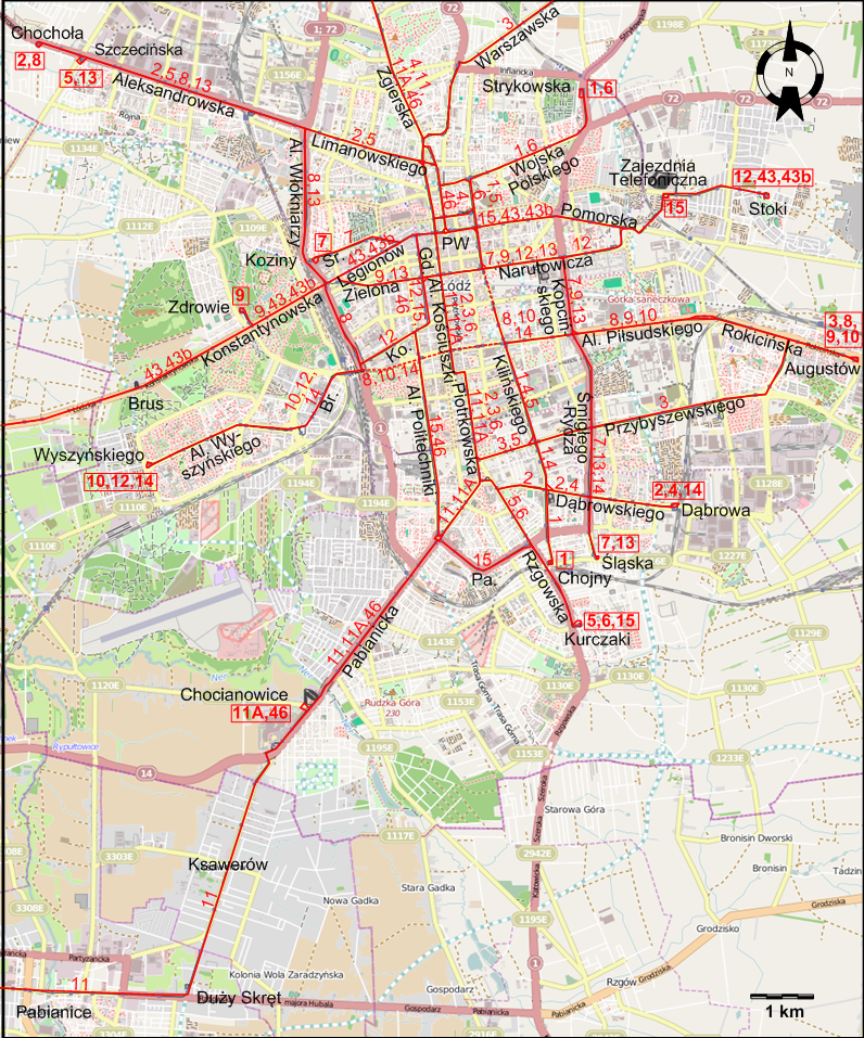 Lodz downtown tram map 2004