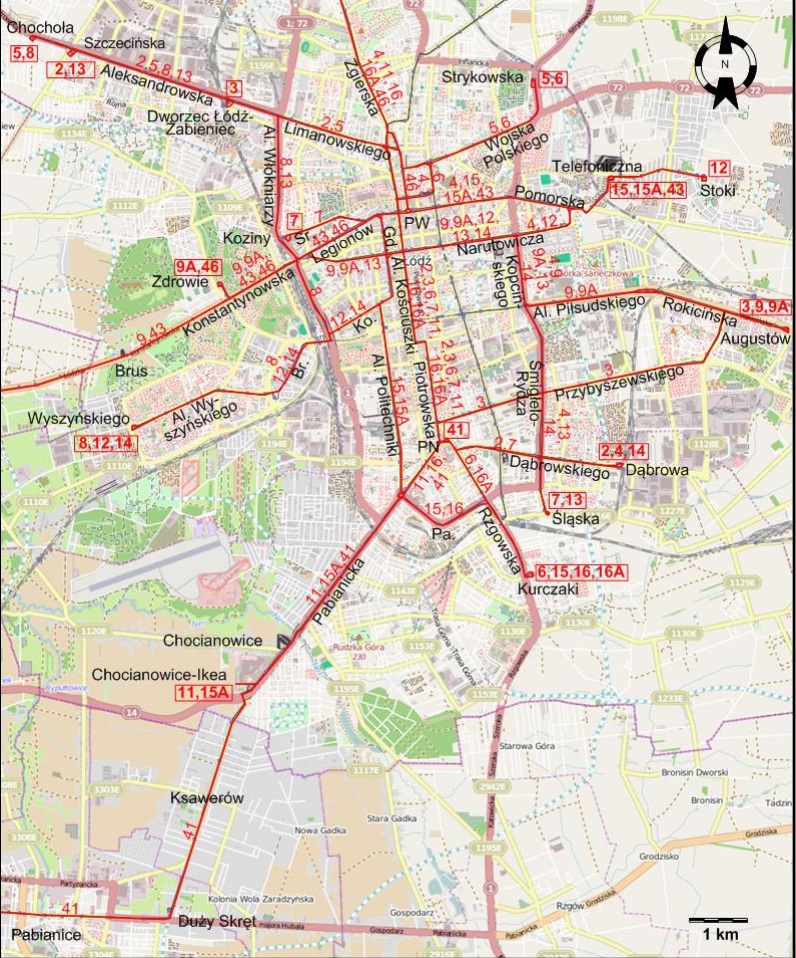 Lodz downtown tram map 2014