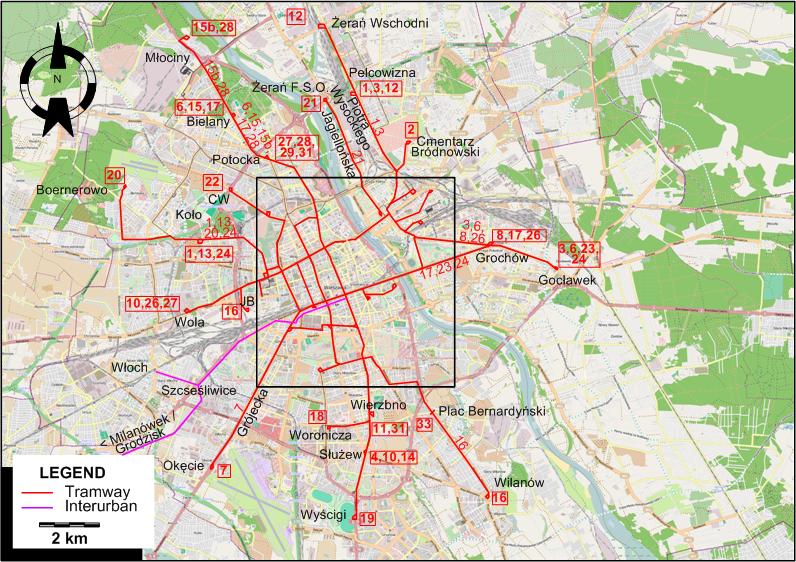 Warsaw tram map 1957