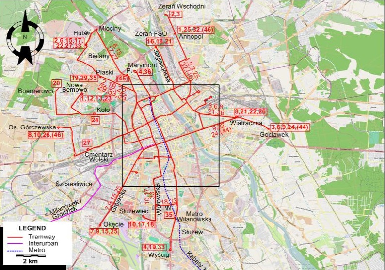 Warsaw tram map 2004