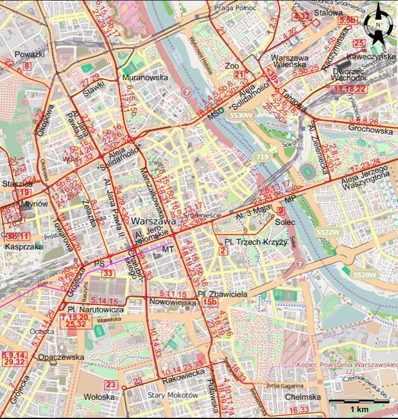 Warsaw downtown tram map 1957