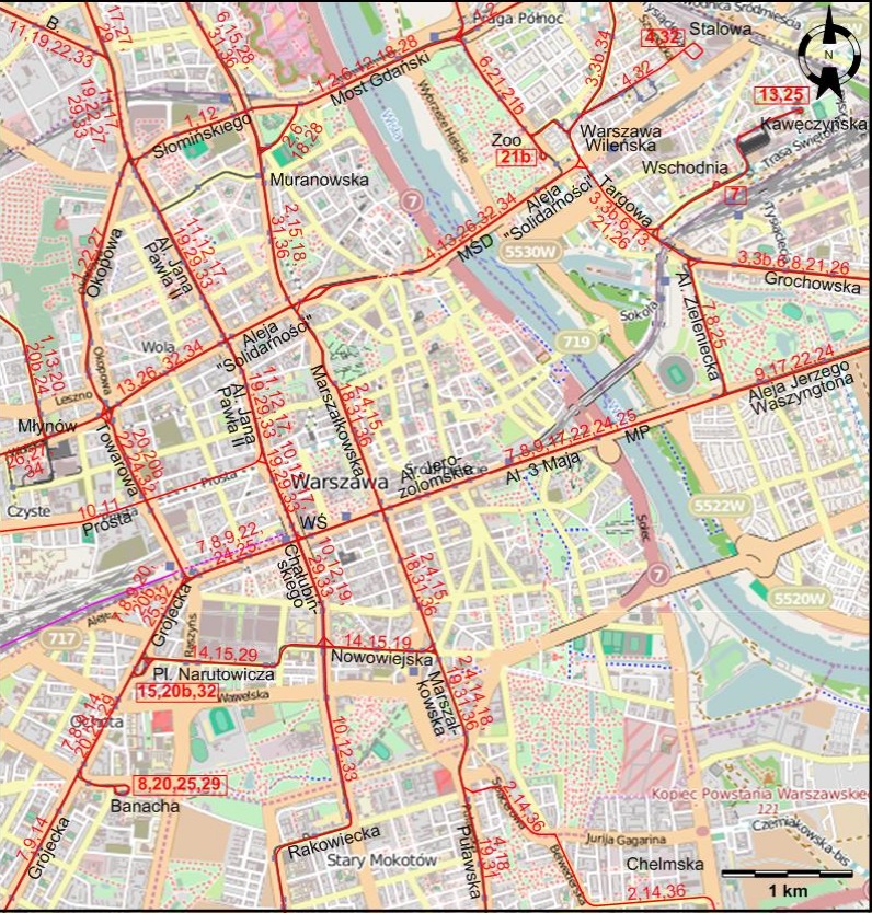 Warsaw downtown tram map 1973