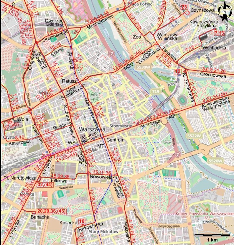 Warsaw downtown tram map 2004