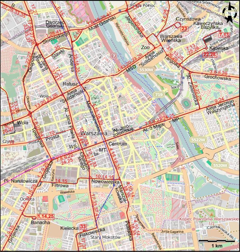 Warsaw downtown tram map 2014