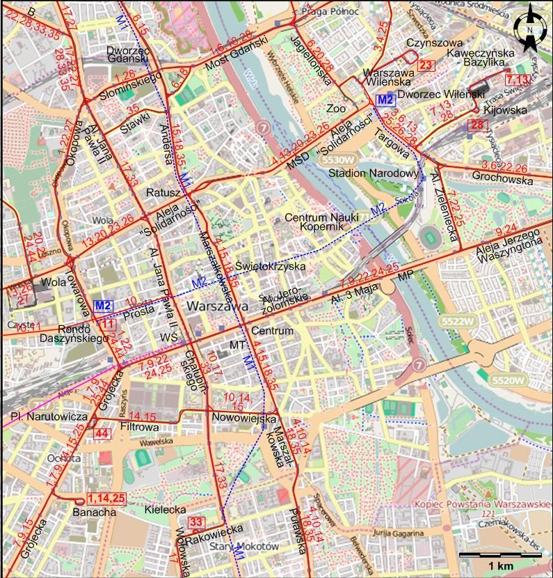 Warsaw downtown tram map 2017