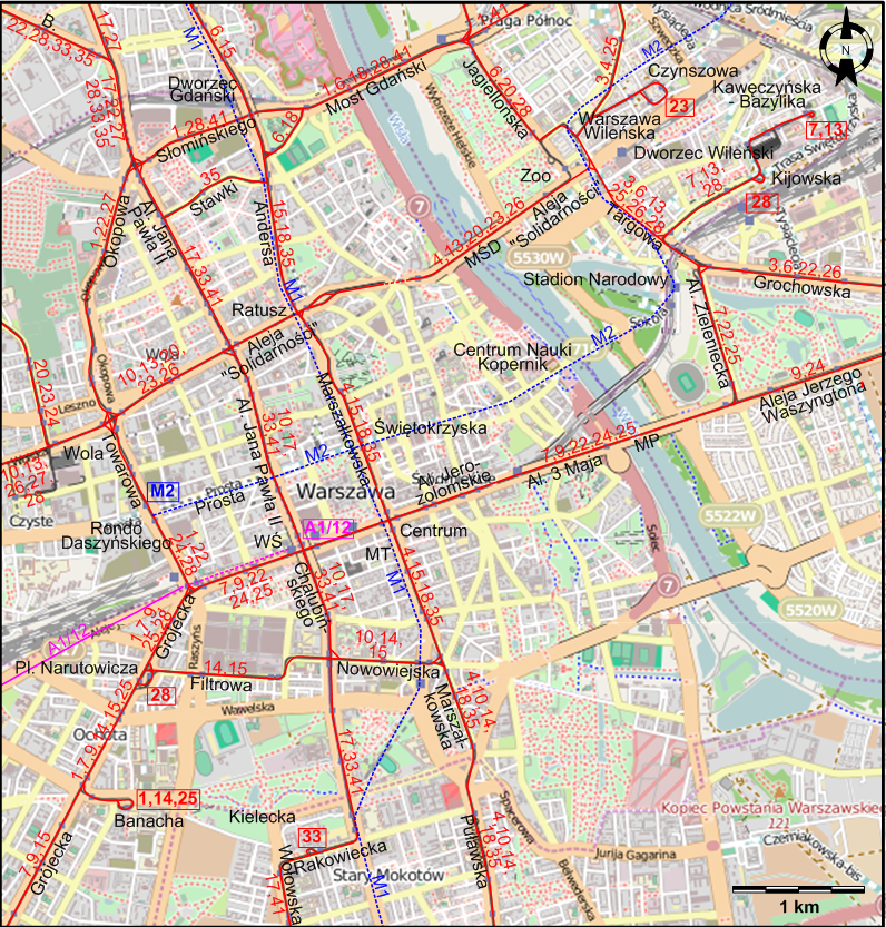 Warsaw downtown tram map 2019