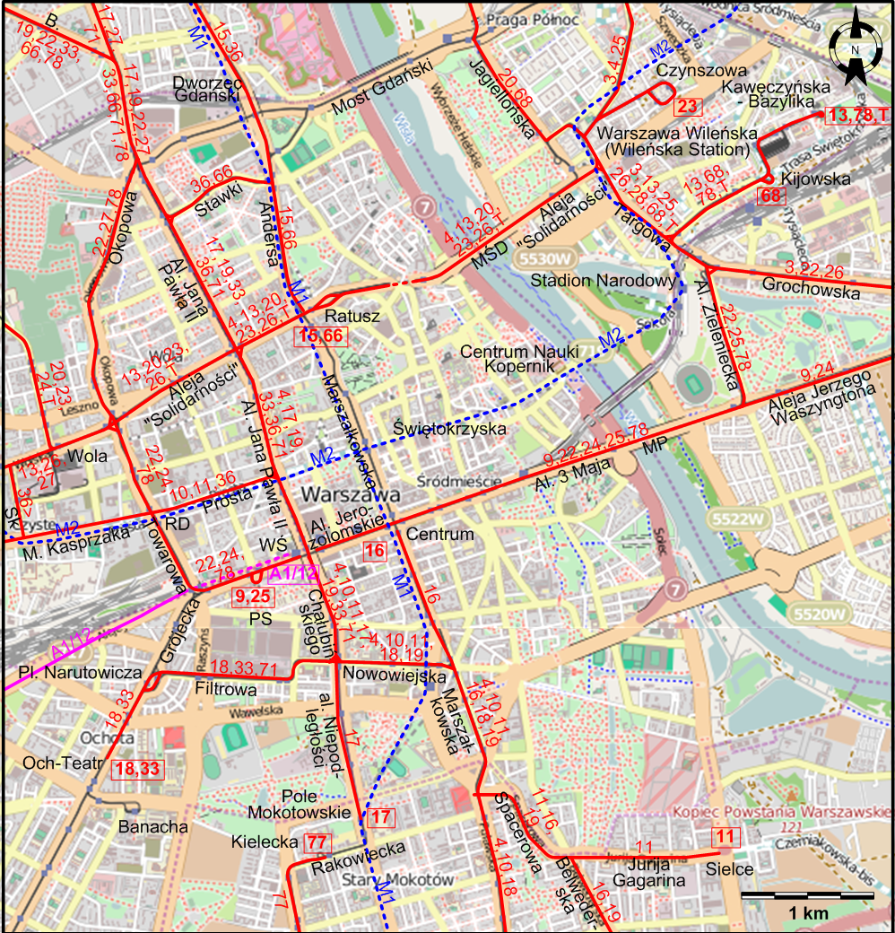 Warsaw downtown tram map 2025