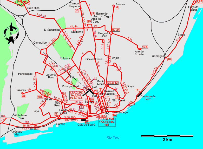 Lisbon downtown tram map 1957