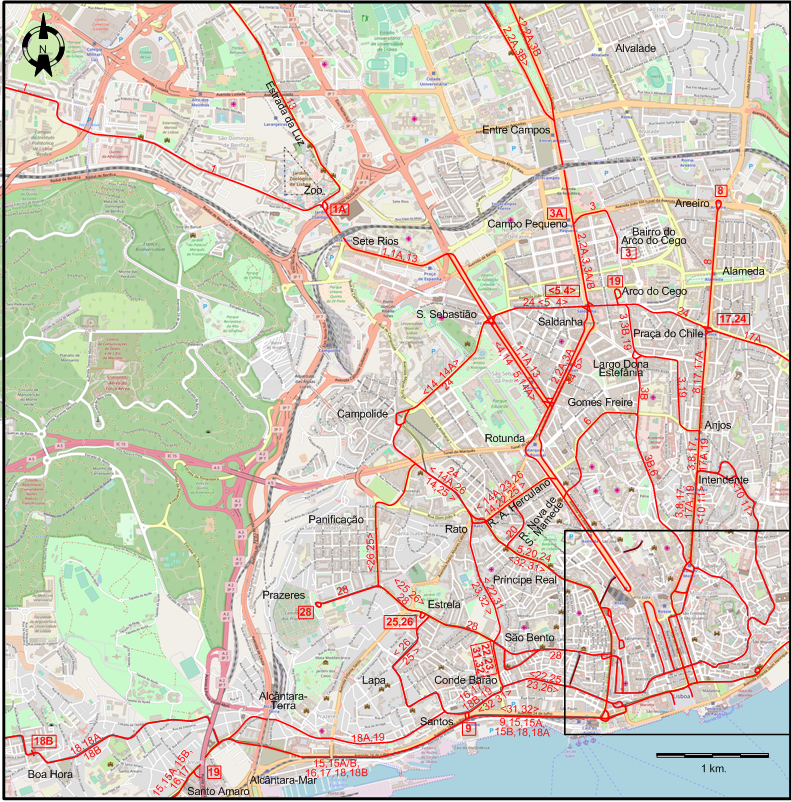 Lisbon downtown tram map 1957