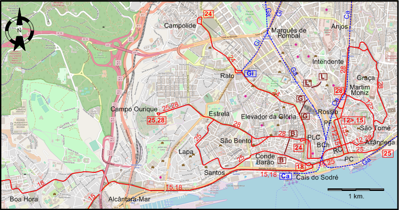 Lisbon downtown tram map 2018