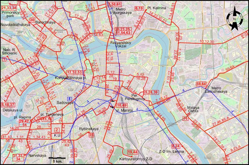 Saint Petersburg centre tram map 1995