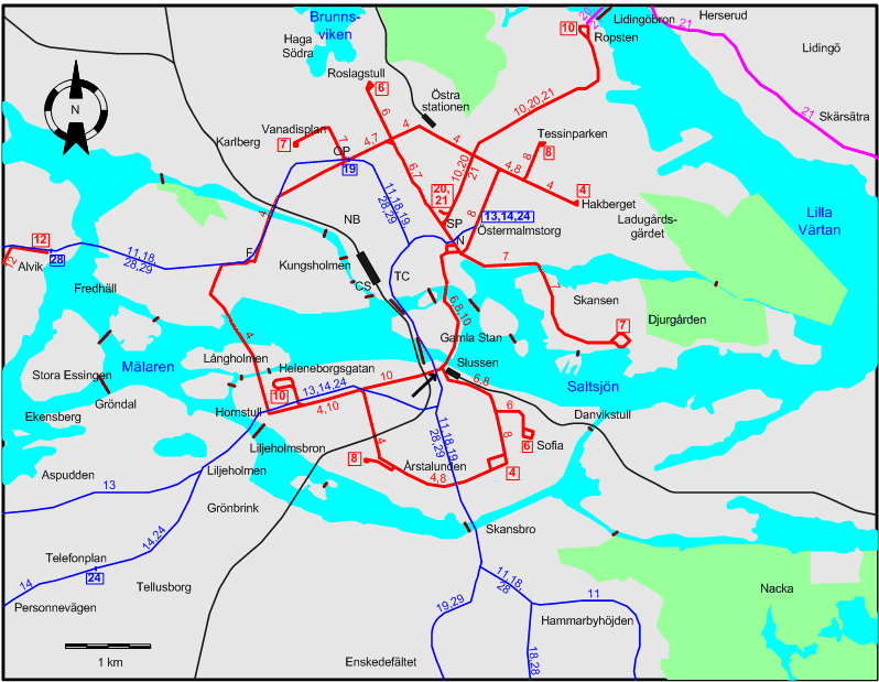 Stockholm downtown tram map 1966