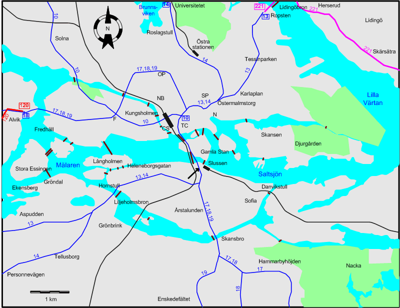Stockholm downtown tram map 1976