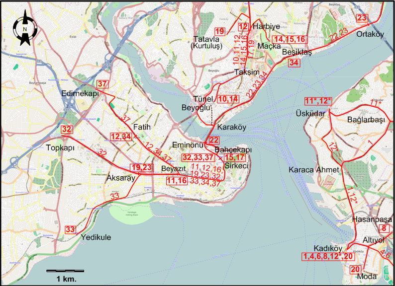 Istanbul centre tram map 1954