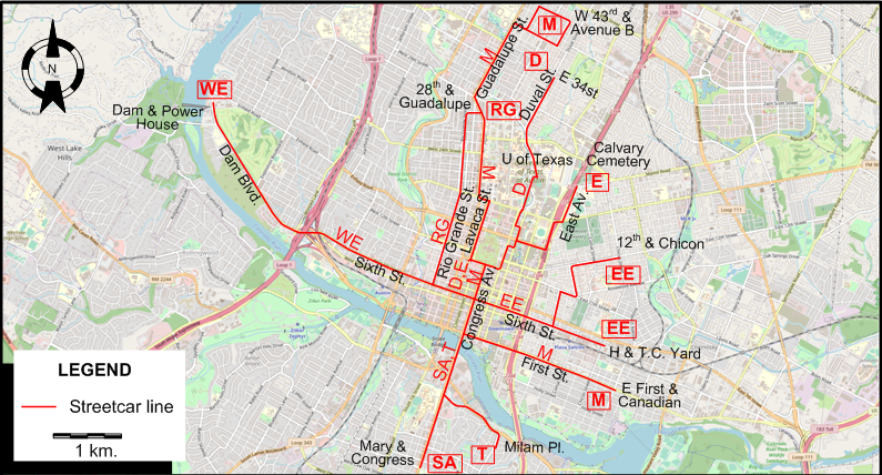 Austin 1925 streetcar map