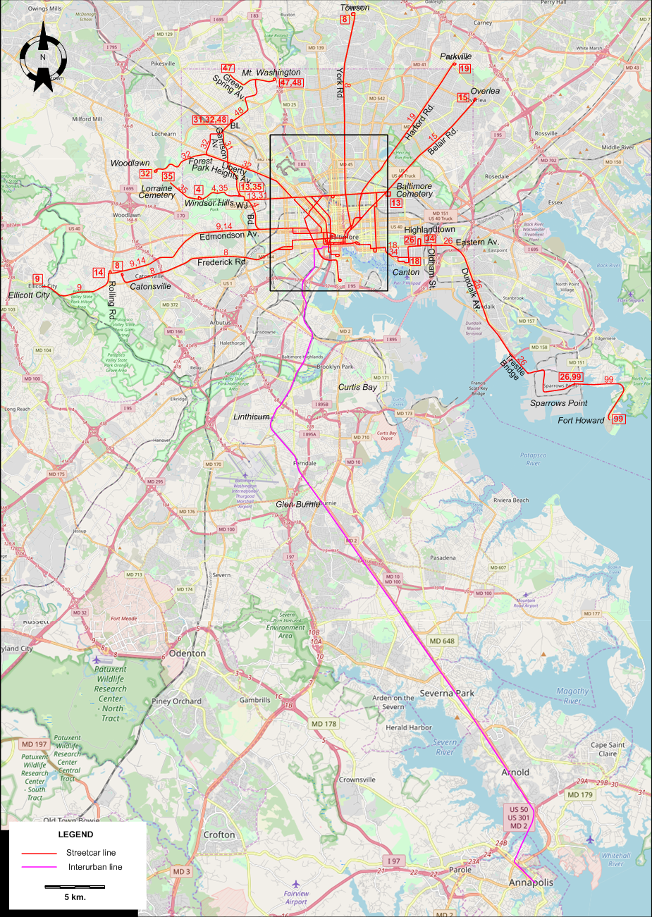 Baltimore tram map - 1950