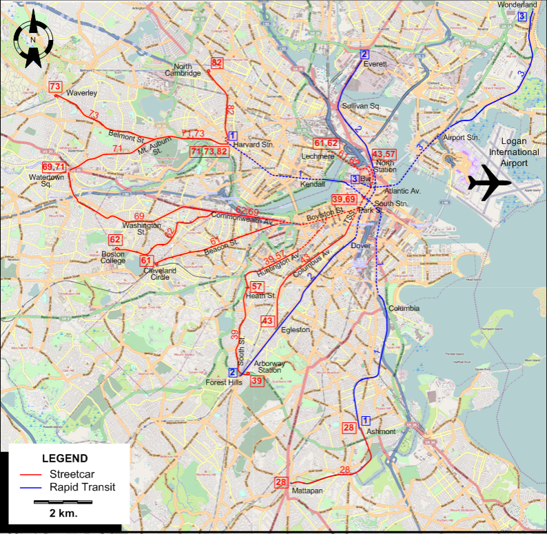 Boston tram map - 1956