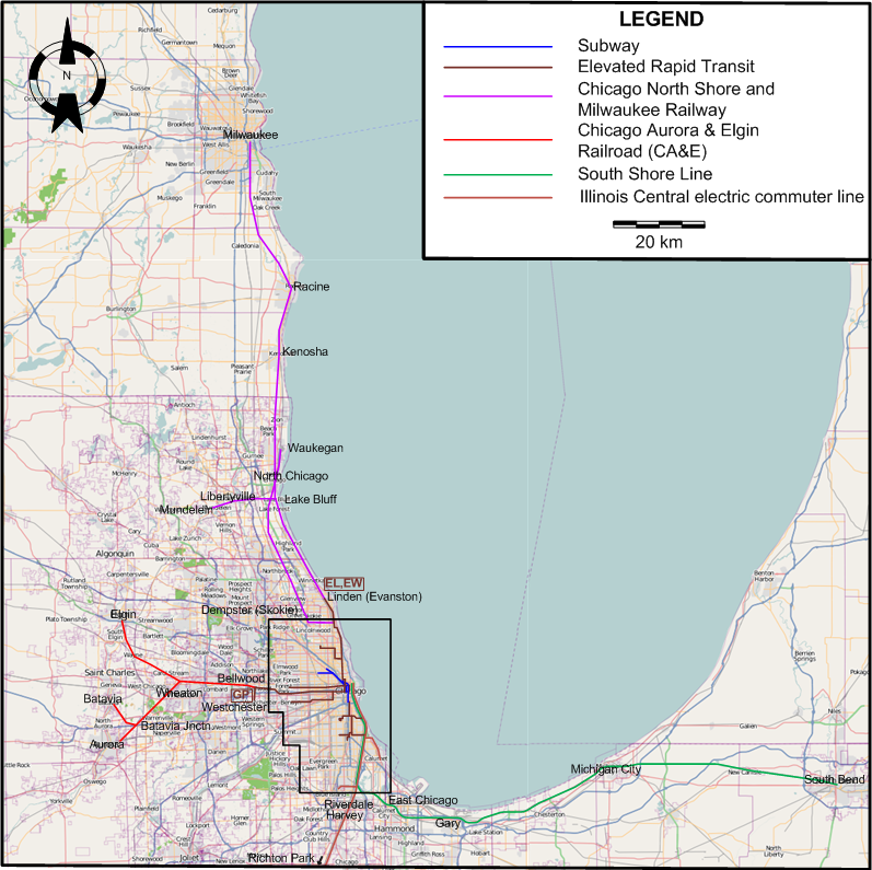 Chicago interurban tram map – 1951