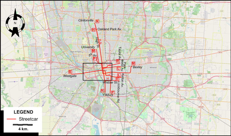 Columbus streetcar map 1939